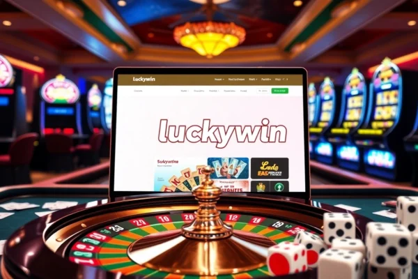 Experience the excitement of online gambling at https://luckywin.vin/ featuring a vibrant casino scene with roulette and slot machines.
