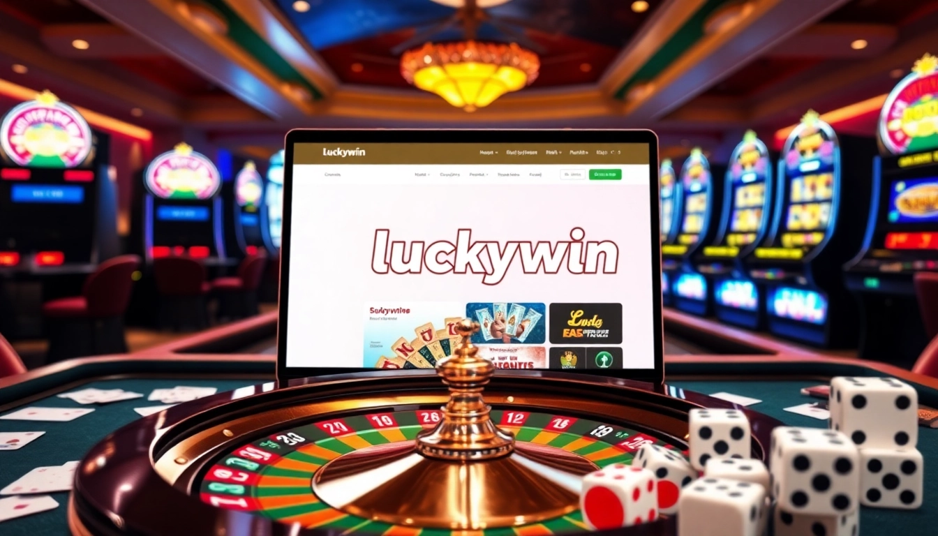 Experience the excitement of online gambling at https://luckywin.vin/ featuring a vibrant casino scene with roulette and slot machines.