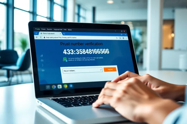 Vérification en ligne du numéro de téléphone affichée sur un ordinateur portable dans un bureau professionnel.