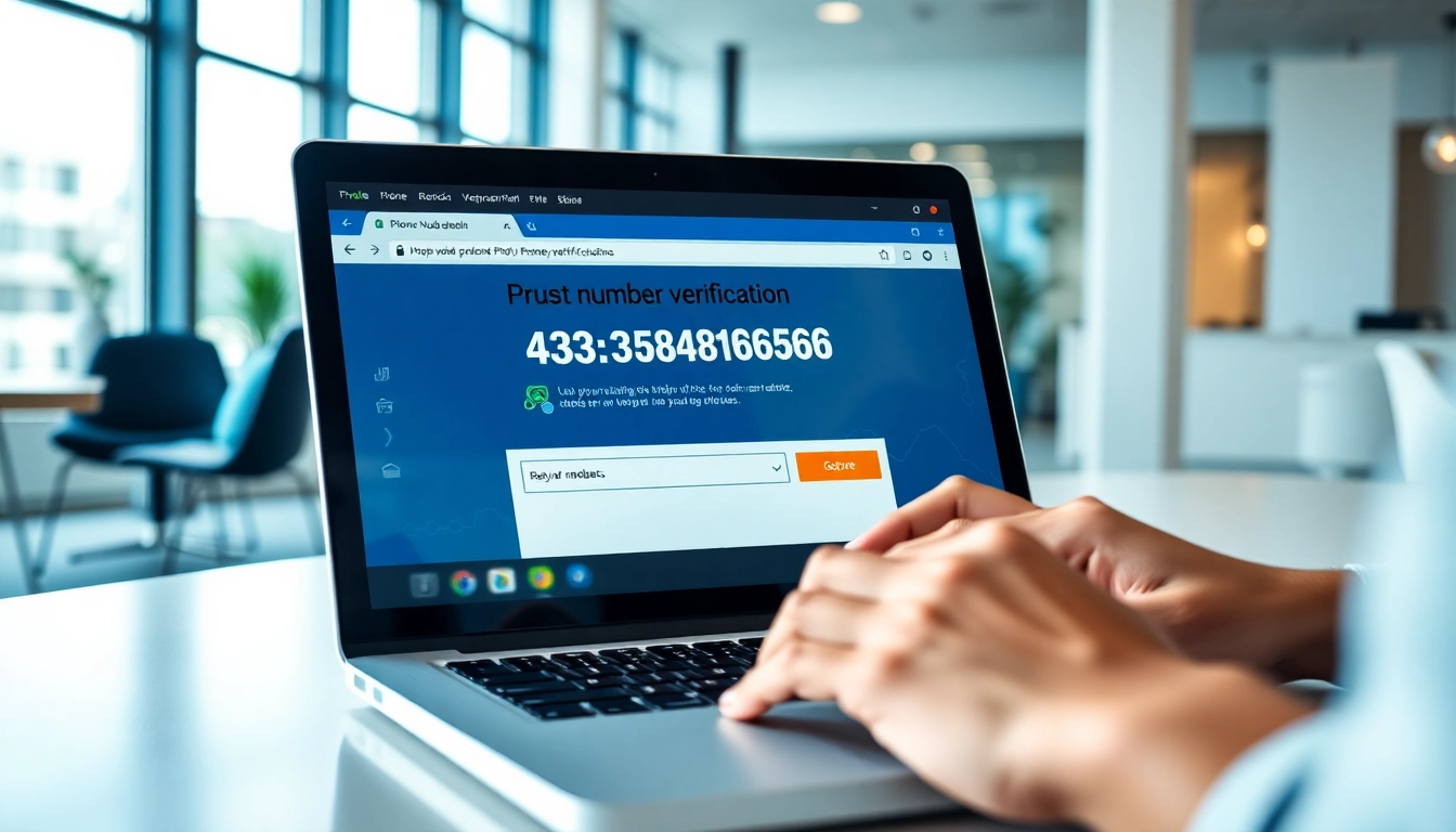 Vérification en ligne du numéro de téléphone affichée sur un ordinateur portable dans un bureau professionnel.