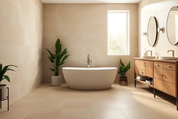 Carrelage de salle de bains élégant avec des tons doux et une ambiance spa.