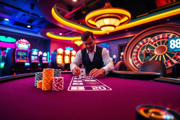 Experience the thrill of gaming at 888b.report with vibrant casino visuals featuring blackjack and poker.