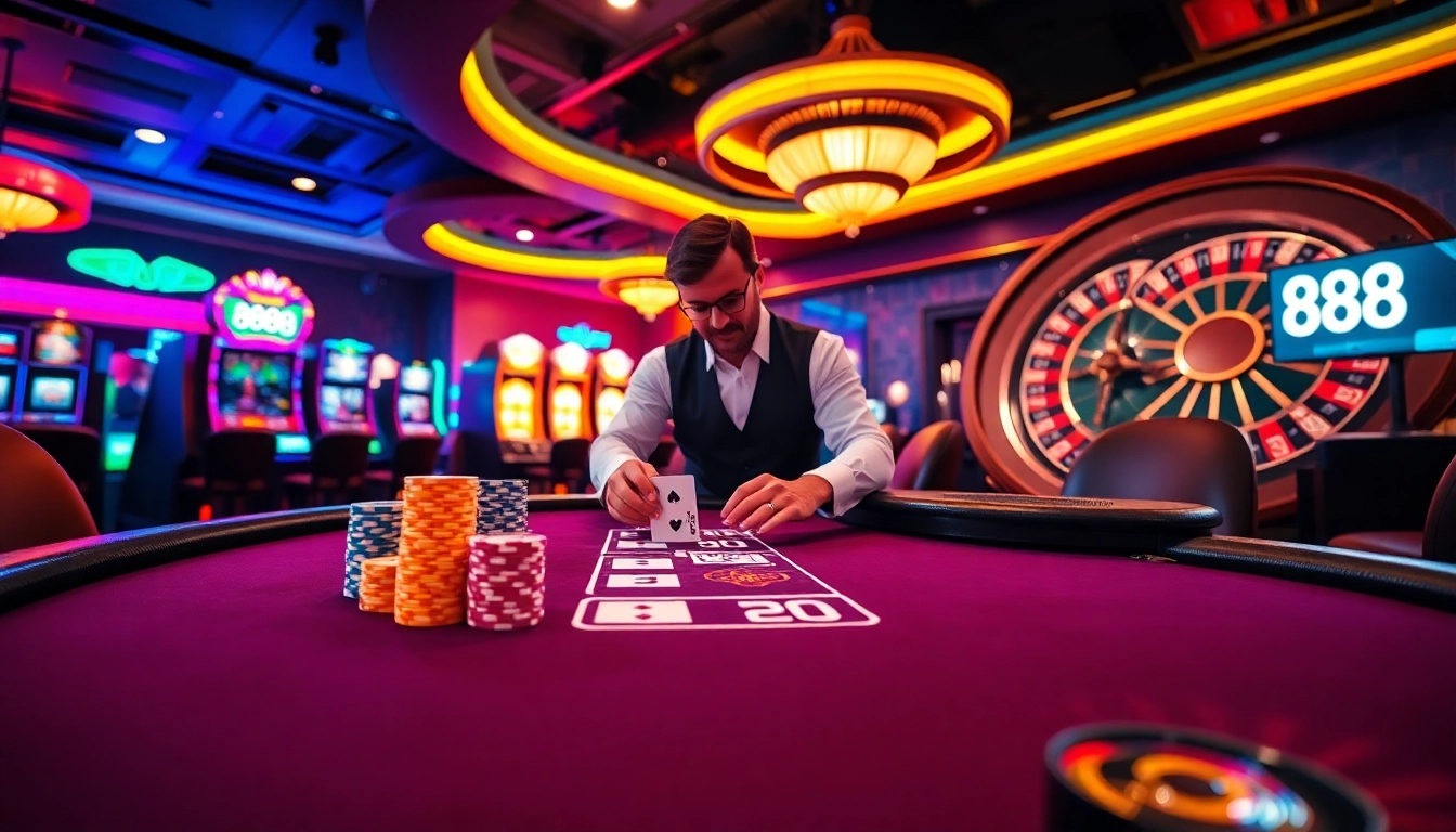 Experience the thrill of gaming at 888b.report with vibrant casino visuals featuring blackjack and poker.
