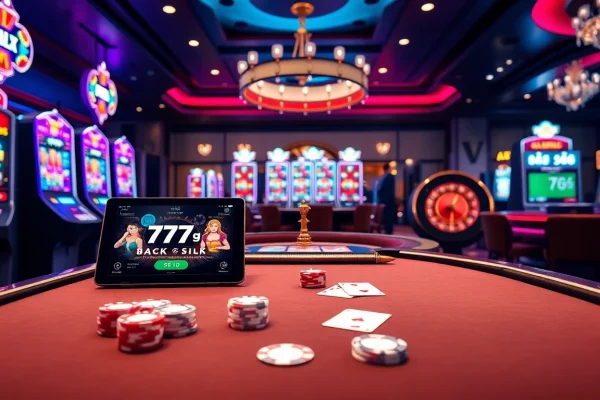 Engaging scene of a dynamic casino environment showcasing 777g with slot machines, poker tables, and roulette.