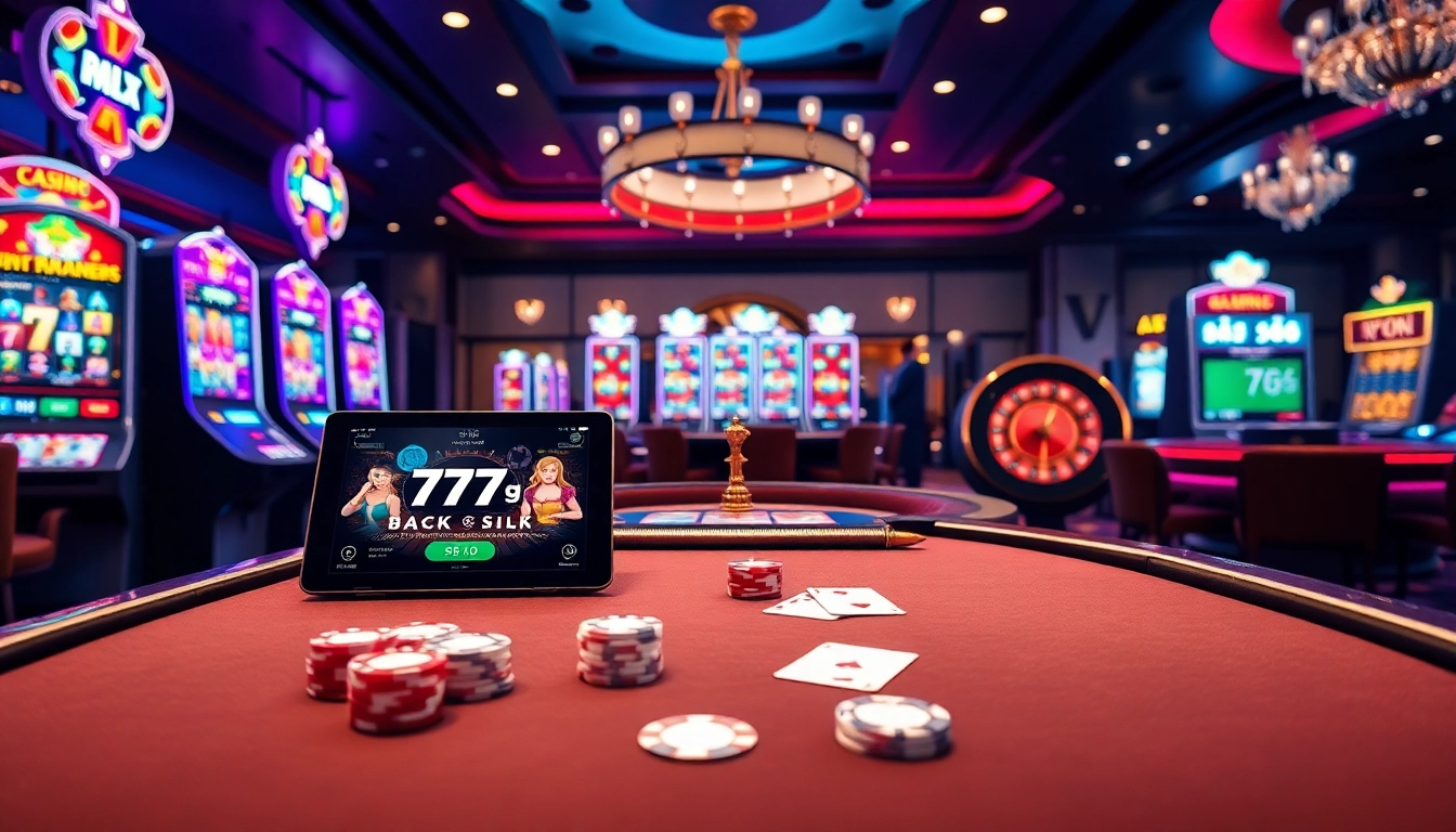 Engaging scene of a dynamic casino environment showcasing 777g with slot machines, poker tables, and roulette.
