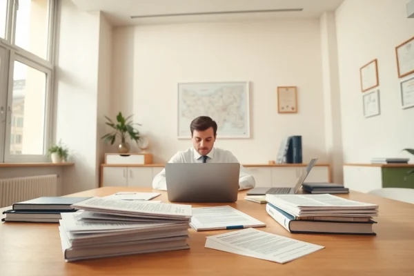 Espace de travail professionnel d'un traducteur assermenté à Paris avec des documents et un ordinateur portable.