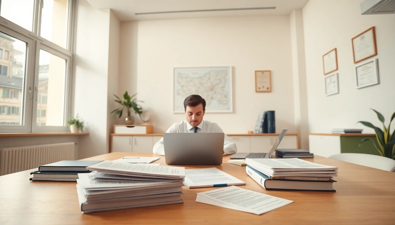 Espace de travail professionnel d'un traducteur assermenté à Paris avec des documents et un ordinateur portable.