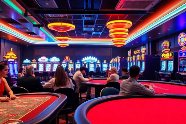 Joueurs dans un meilleur casino en ligne vibrant avec des lumières néon et une ambiance animée.