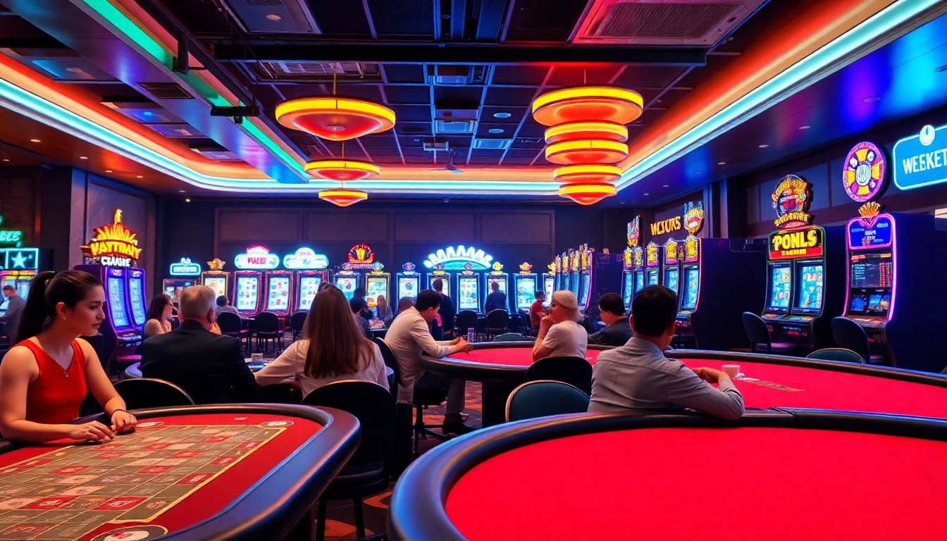 Joueurs dans un meilleur casino en ligne vibrant avec des lumières néon et une ambiance animée.