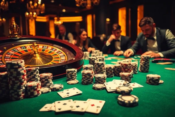 Exciting casino atmosphere showcasing Link Go88 with vibrant roulette wheel and poker chips.