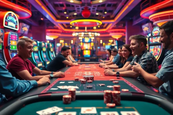 Jouez au casino en ligne: scène animée avec joueurs et machines à sous colorées