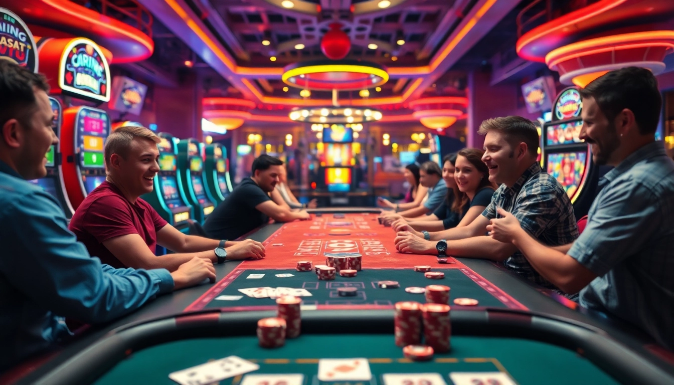 Jouez au casino en ligne: scène animée avec joueurs et machines à sous colorées