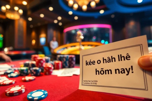 Engaging scene depicting professionals placing bets with kèo nhà cái hôm nay on a casino table filled with poker chips and cards.