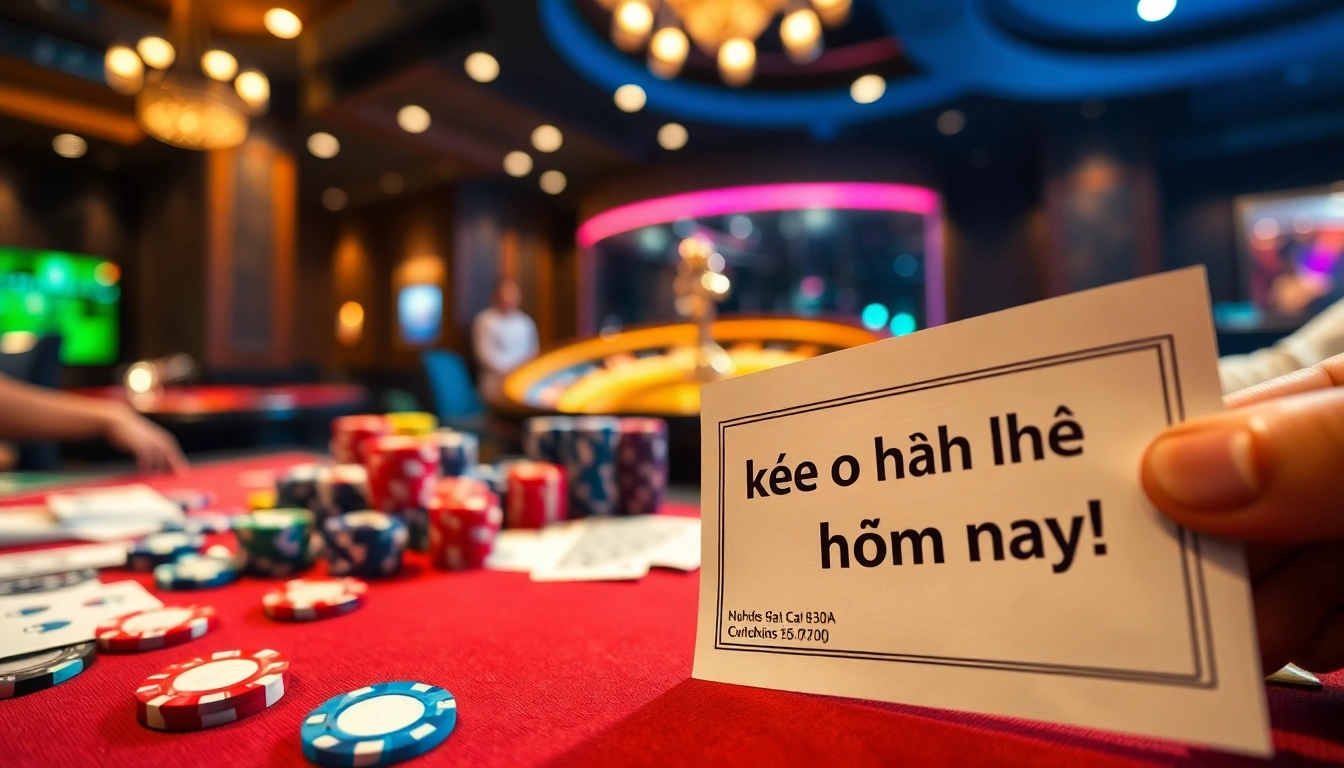 Engaging scene depicting professionals placing bets with kèo nhà cái hôm nay on a casino table filled with poker chips and cards.
