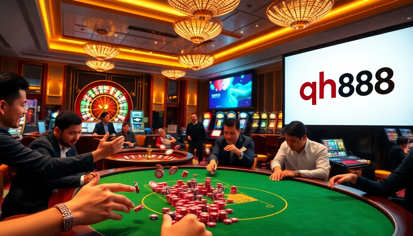 Experience the excitement of gambling at qh88 with vibrant poker chips and a roulette wheel.