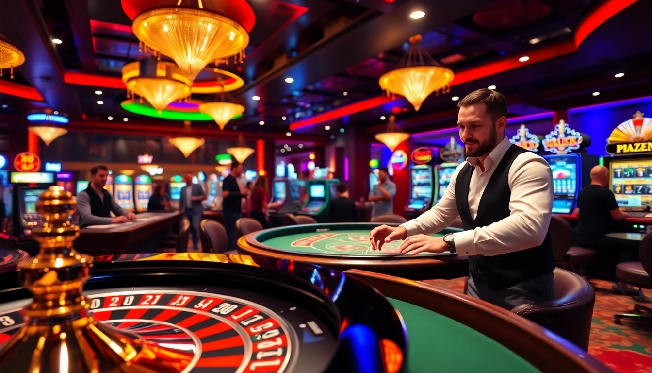 Jouez à des jeux passionnants sur un casino en ligne animé avec des lumières et des joueurs.