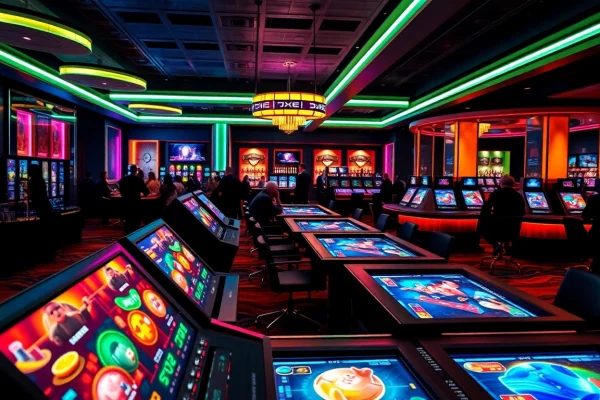 Les joueurs découvrent le crypto casino avec des lumières vibrantes et une atmosphère excitante.