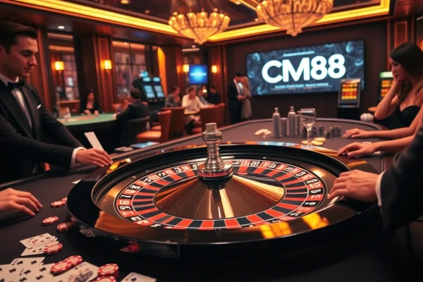 Exciting casino experience with players engaging at CM88 roulette table and vibrant betting chips.