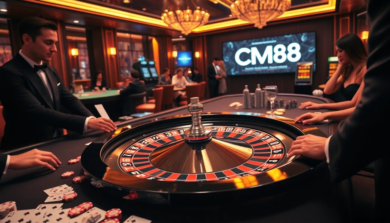 Exciting casino experience with players engaging at CM88 roulette table and vibrant betting chips.