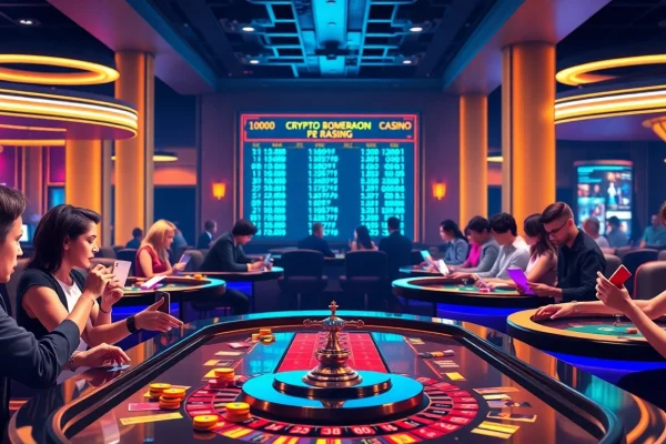 Casino crypto animée avec des joueurs gagnant des jetons et jouant aux cartes.