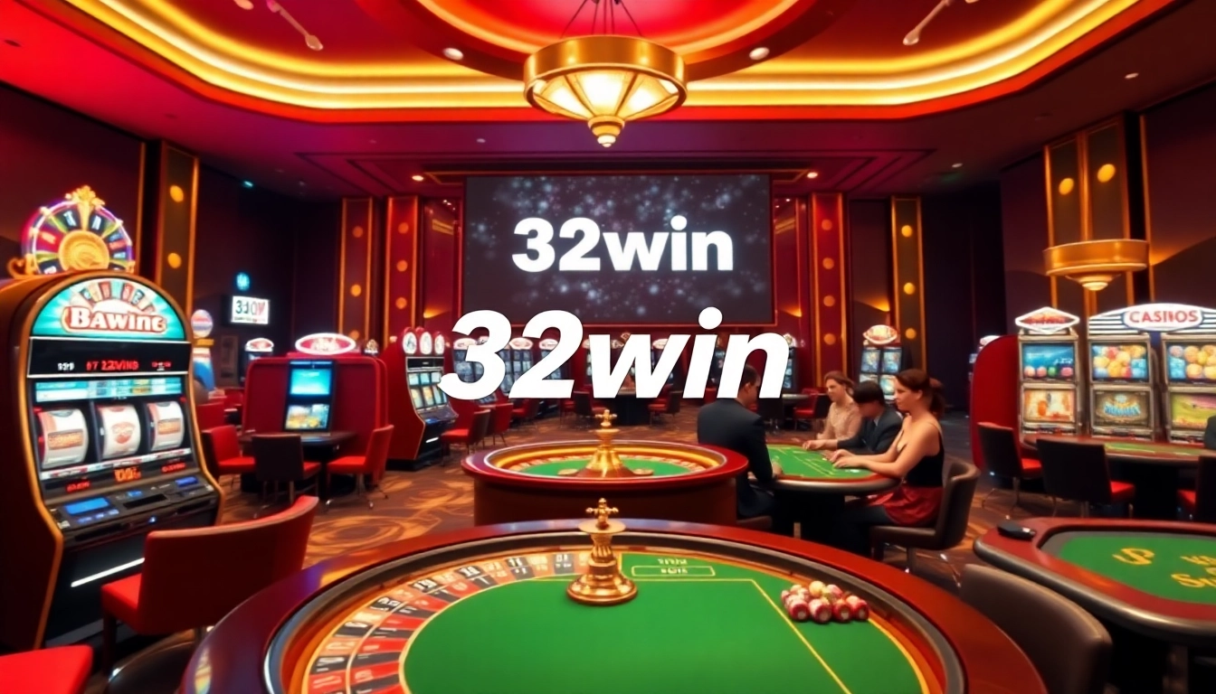 Experience đăng nhập 32win excitement at a luxurious casino with vibrant slot machines and poker tables.
