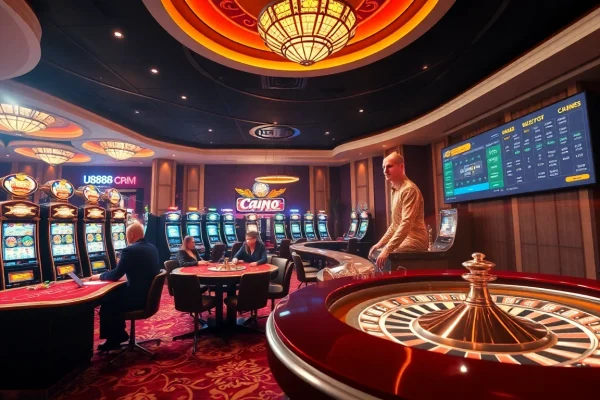 Experience excitement with U 888 in a vibrant casino scene filled with poker tables and slot machines.