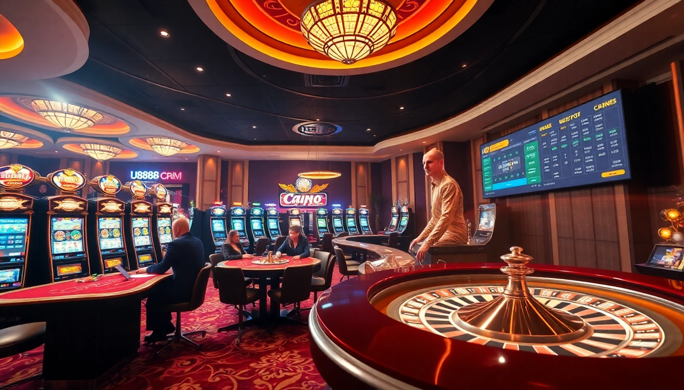 Experience excitement with U 888 in a vibrant casino scene filled with poker tables and slot machines.