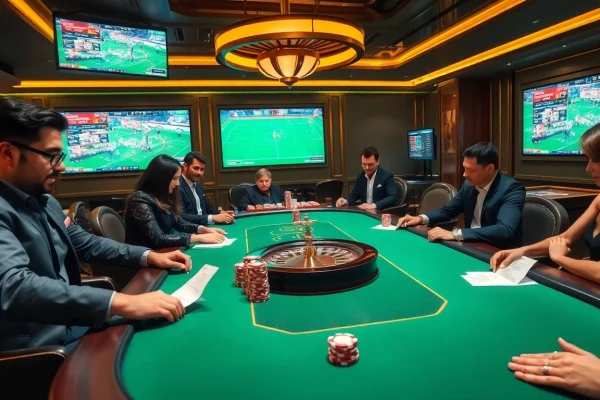 Gamblers enjoying instant payouts at a site paris sportif retrait instantané in a luxurious setting.