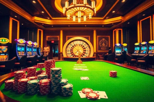 Kuwin dang nhap action at a luxurious casino with poker chips and roulette wheel.
