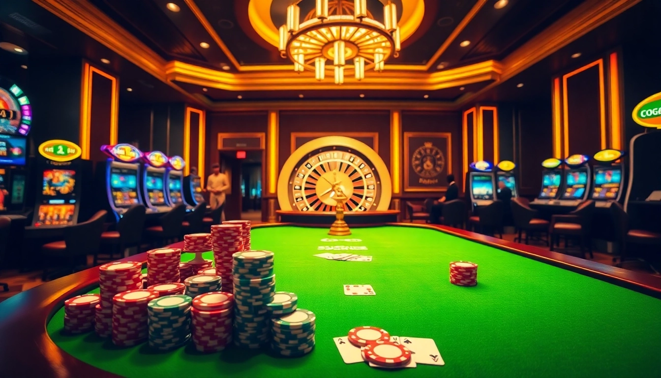 Kuwin dang nhap action at a luxurious casino with poker chips and roulette wheel.