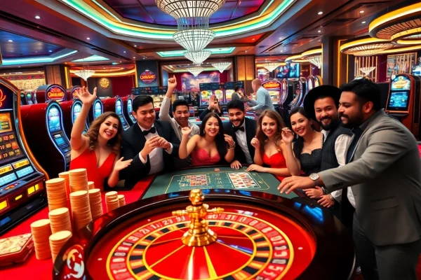 Experience thrilling OKKING đăng nhập action at a luxurious casino with vibrant tables and excited players.