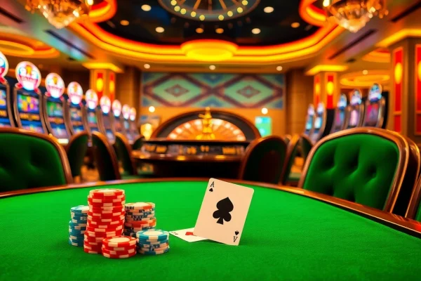 32WIN gaming action with vibrant poker chips and roulette wheel in a luxury casino setting.