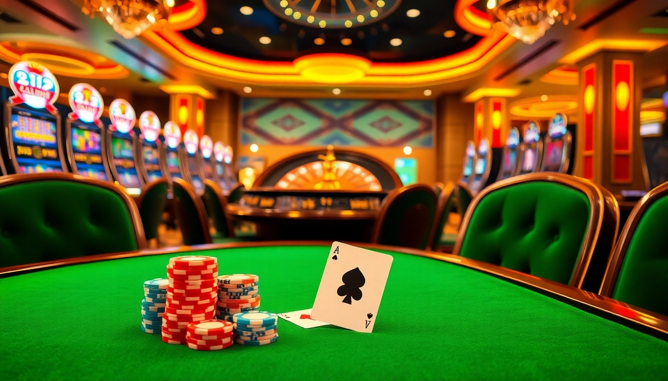 32WIN gaming action with vibrant poker chips and roulette wheel in a luxury casino setting.