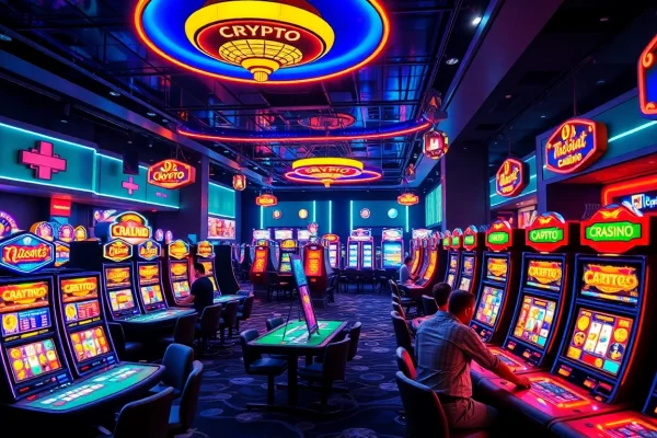 Joueurs s'amusant dans des crypto casinos avec des machines à sous lumineuses et des tables de jeu.