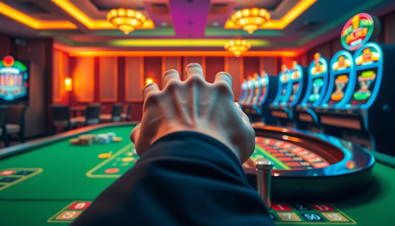 Experience the thrill of 555 win at a luxurious casino table with vibrant chips and roulette.