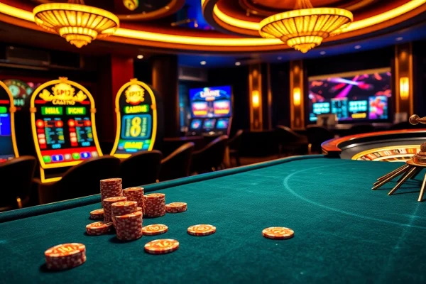 Engage with casino crypto en ligne at a vibrant online gambling scene featuring poker chips and digital slots.