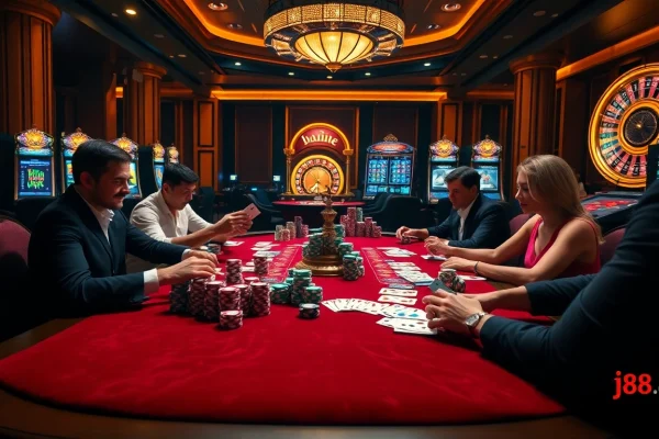 Players strategizing their bets at j88.com’s luxurious online casino table amid vibrant poker chips and cards.