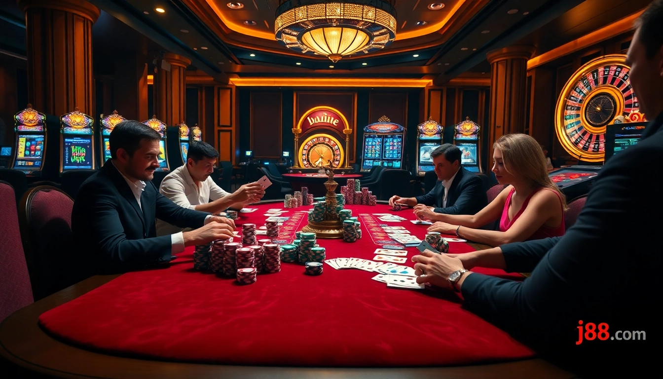 Players strategizing their bets at j88.com’s luxurious online casino table amid vibrant poker chips and cards.