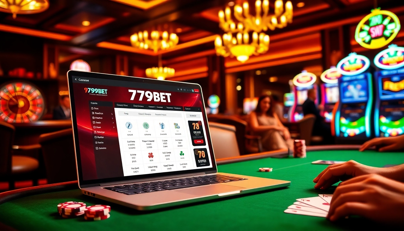 Experience the thrill of 789BET with a vibrant casino scene featuring roulette, poker chips, and a laptop interface.