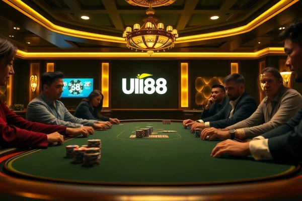 Exciting scene of tip-top gamblers at a UU88 poker table with poker chips and cards.