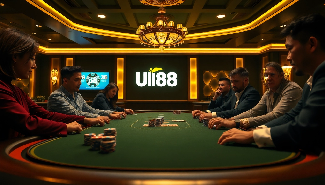 Exciting scene of tip-top gamblers at a UU88 poker table with poker chips and cards.