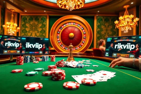 Engage with rikvip's exciting online gambling scene, featuring vibrant poker chips, cards, and a roulette wheel.