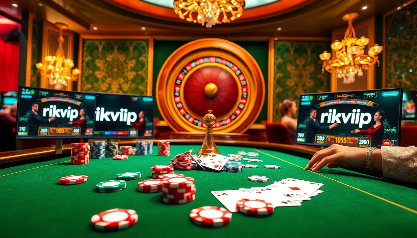 Engage with rikvip's exciting online gambling scene, featuring vibrant poker chips, cards, and a roulette wheel.