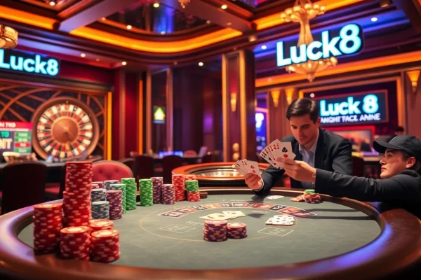 Engaging poker action at Luck8 casino, showcasing vibrant chips and an elegant roulette wheel.
