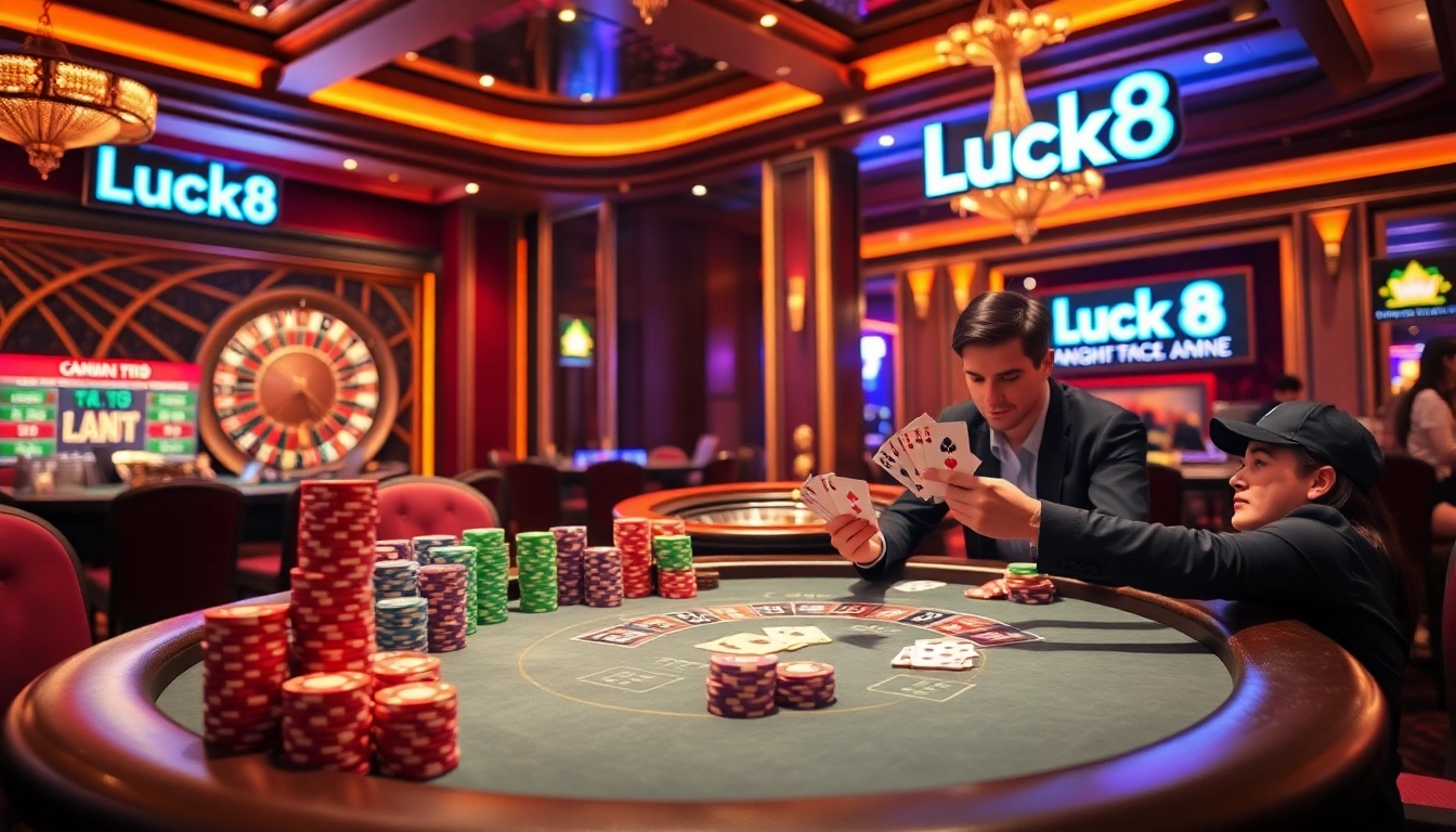 Engaging poker action at Luck8 casino, showcasing vibrant chips and an elegant roulette wheel.
