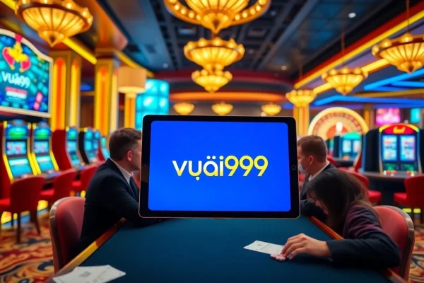Players enjoying a thrilling game at vua99 casino with vibrant slot machines and betting slips.
