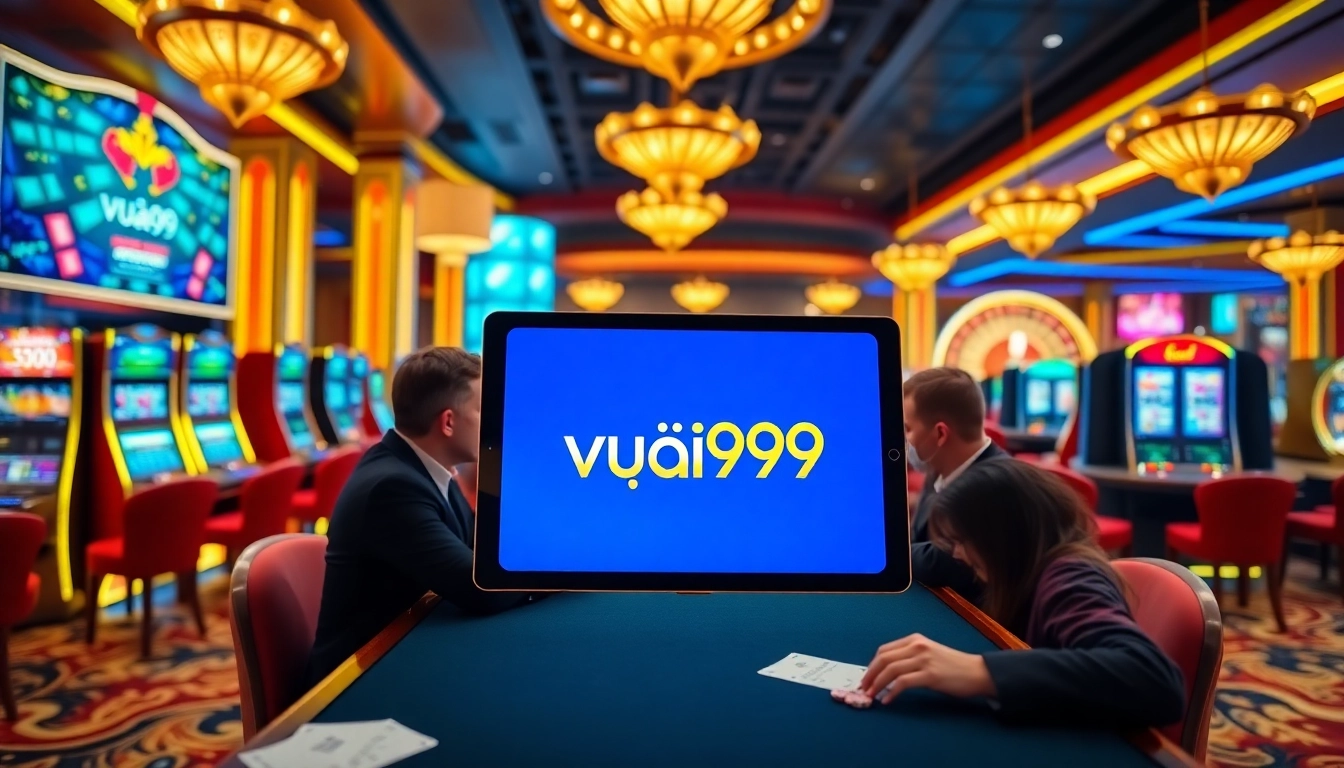Players enjoying a thrilling game at vua99 casino with vibrant slot machines and betting slips.