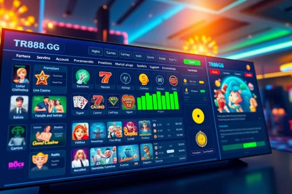Dynamic online gaming interface showcasing TR88.GG features, including slots, casino games, and promotions.