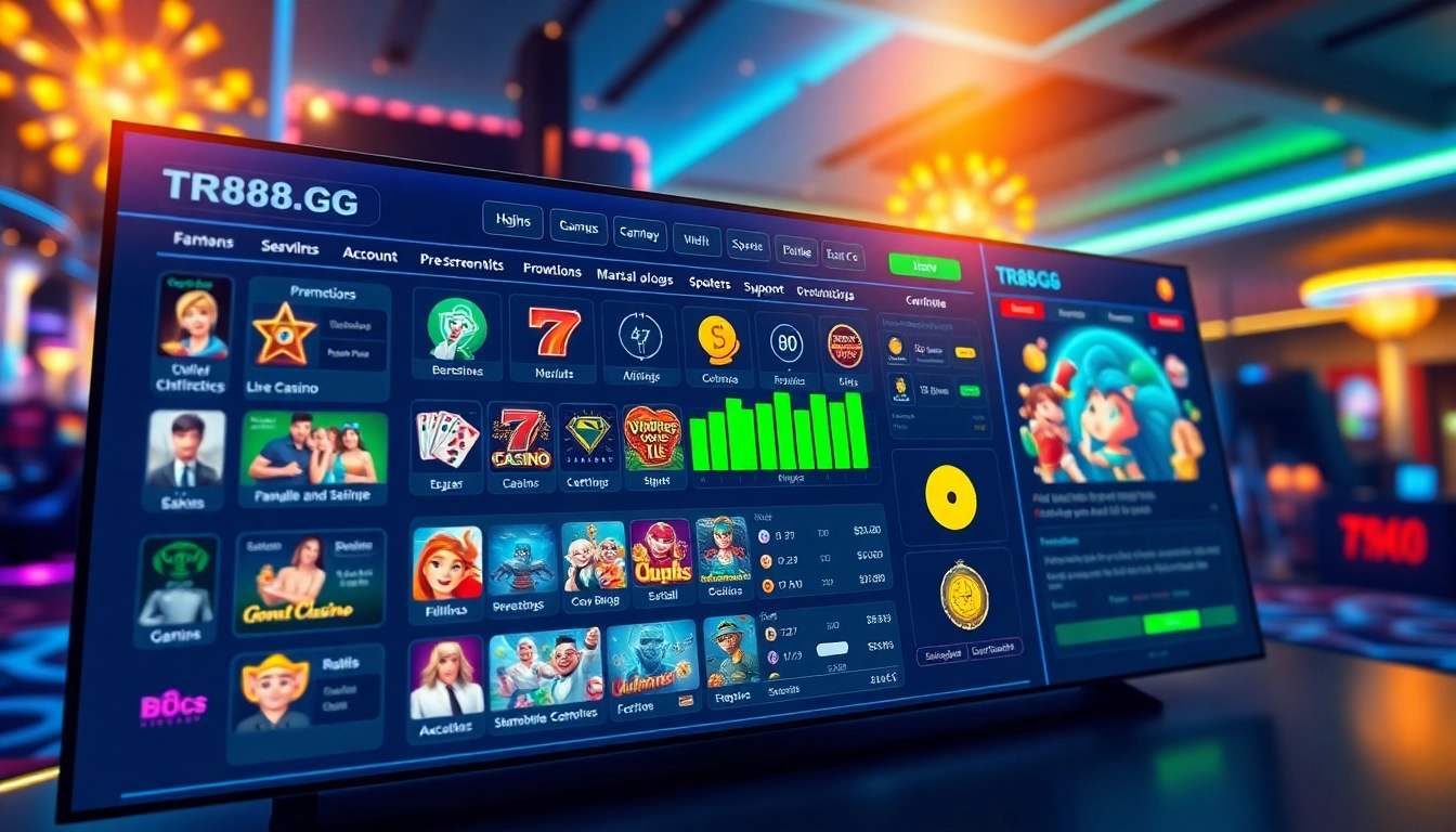 Dynamic online gaming interface showcasing TR88.GG features, including slots, casino games, and promotions.