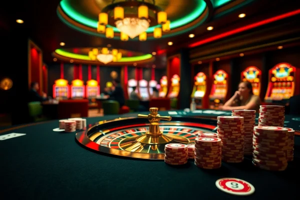 Engage in thrilling casino games with KK55 chips amidst exciting blackjack and roulette action.